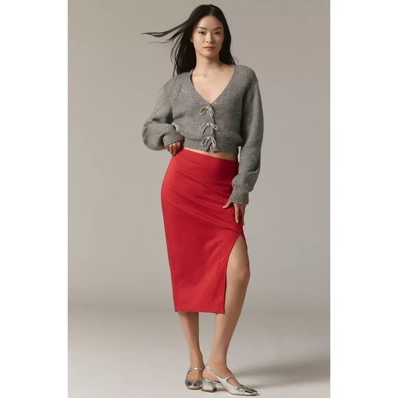 Anthropologie MAEVE Bombshell Bow Midi Pencil Stretch Skirt in Red S NWT $108 - Picture 1 of 6